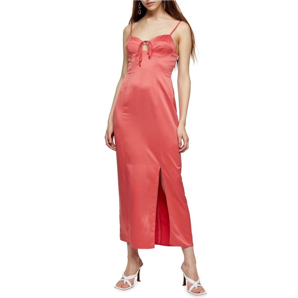 NEW TOPSHOP Coral Bustier Keyhole Cutout Tie Front Strappy Satin Midi Slip Dress